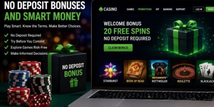 No deposit casino bonus guide showing free spins, wagering requirements, cashout limits and smart bankroll management tips.