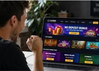 Player browsing online casino promotions and evaluating a no deposit bonus offer on a laptop.