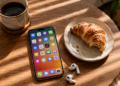 Smartphone, croissant, and earbuds at breakfast