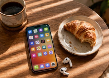 Smartphone, croissant, and earbuds at breakfast