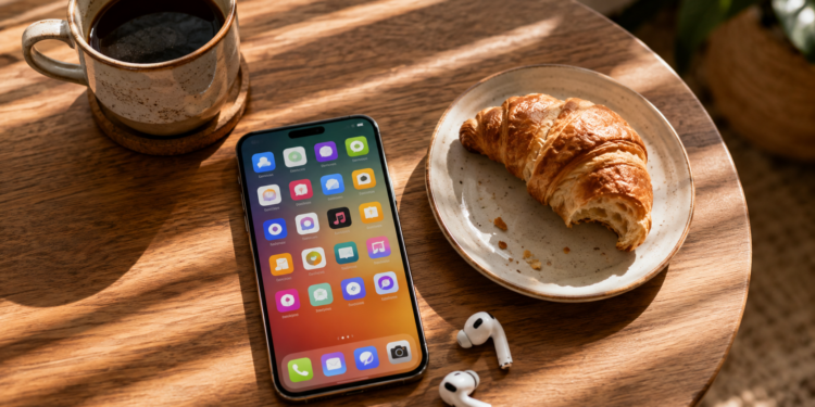 Smartphone, croissant, and earbuds at breakfast